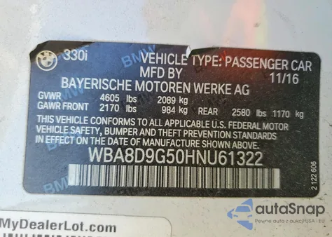 2017 BMW 330 Xi из США, поврежденный, VIN WBA8D9G50HNU61322